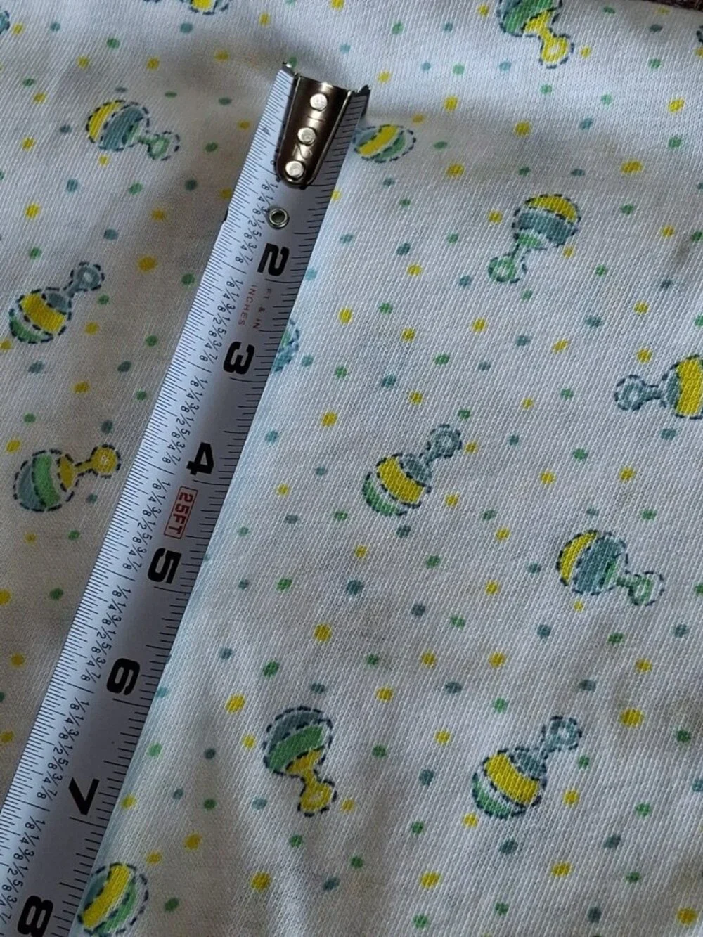 Vtg Knit Fabric Stretch Material - Blue Green Yellow Neutral Baby Rattles 1.25yd